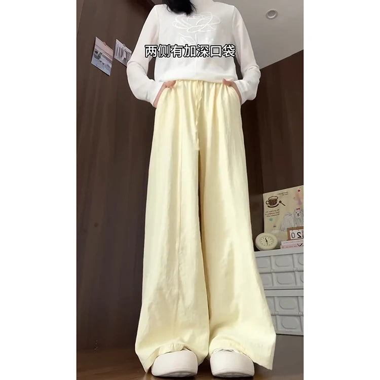 Korean Sle Simple White Straight Leg Pants Women Summer Thin High Waist Wide Leg Loose Feelings Casual Trousers