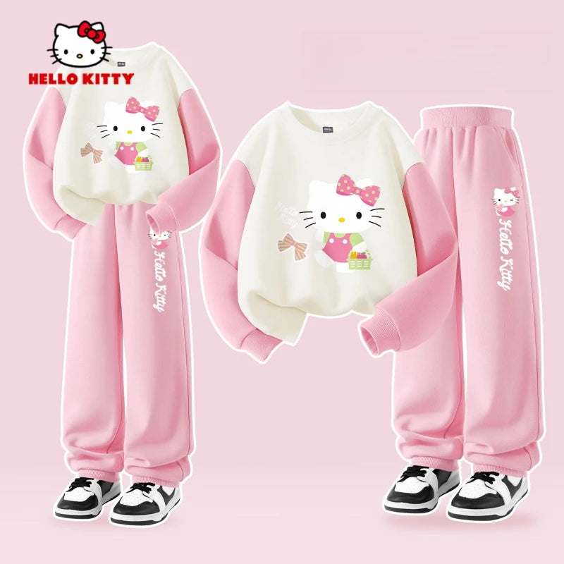 Sanrio Autumn Baby Girls Clothes Set Kid Hello Kitty Printed Sweatshirts Pullover Top & Pants 2pcs Children Patchwork Tracksuit
