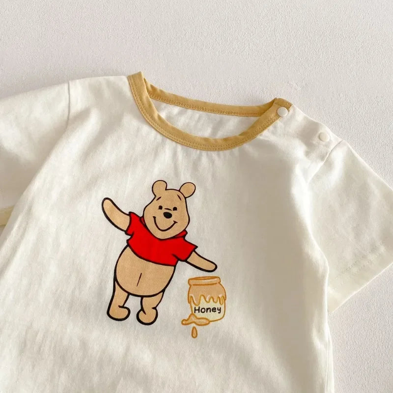 Baby Cartoon 2pcs Set for Summer Winnie Bear Short Sleeve T-shirt Loose Denim Straps Shorts Girl and Boy Clothes Set