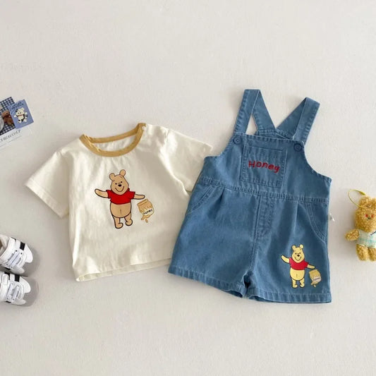 Baby Cartoon 2pcs Set for Summer Winnie Bear Short Sleeve T-shirt Loose Denim Straps Shorts Girl and Boy Clothes Set