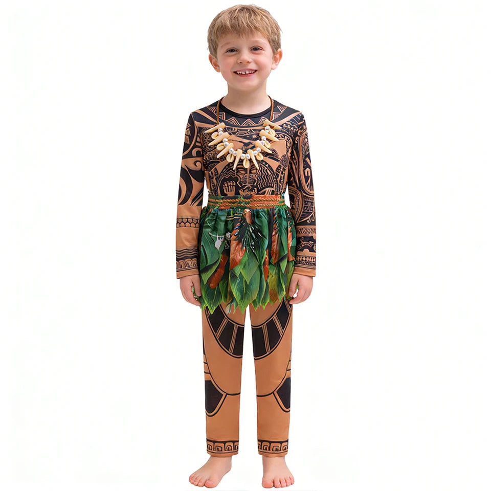 Summer Fancy Girl Princess Moana Dress Halloween Cosplay Carnival Party Primitive Tribes Maui Boys Costume Cartoon Kids Clothes