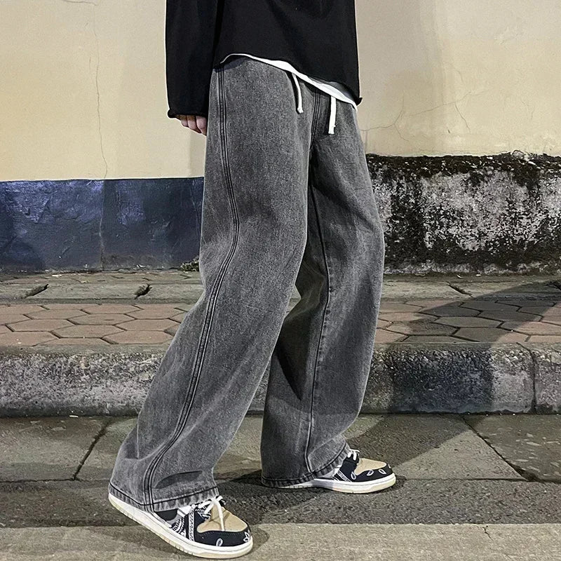 Men Casual Loose Jeans Male Streetwear Fashion Straight Wide Leg Denim Pants Elastic Waist Comfortable Solid Color Gray Trousers