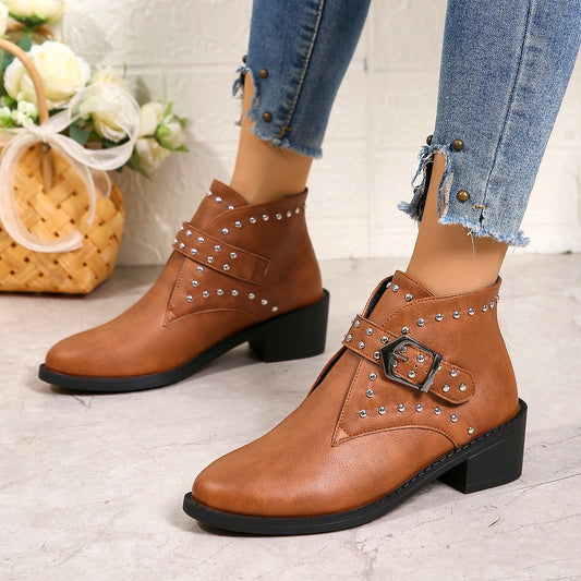 Boots for Women 2026 Winter New Fashion Rivet Knight Style Autumn Designer Women Shoes Retro Mid Calf Women Shoes