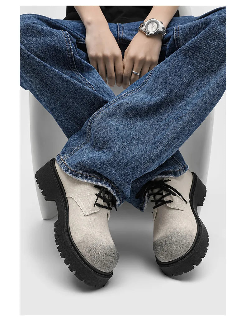 New Mens Derby Shoes British-Style Big Round-Toe Chunky Platform Sneakers Original Breathable Casual Shoes for Streetwear &Daily