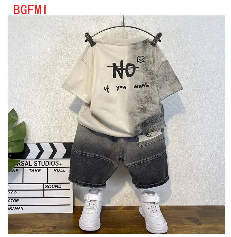 Korean Baby Boys Summer Sets Children's Clothing Short-Sleeved Letter T-Shirt & Denim Shorts Kids Boys Outfits Clothes 2-11Y