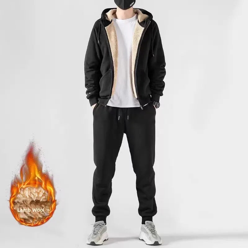 Men's Winter Lamb Velvet Sports Set Thiened Casual Sweatirt Pants Two-Piece Suit Warm Cozy Leisure Wear Long Sve