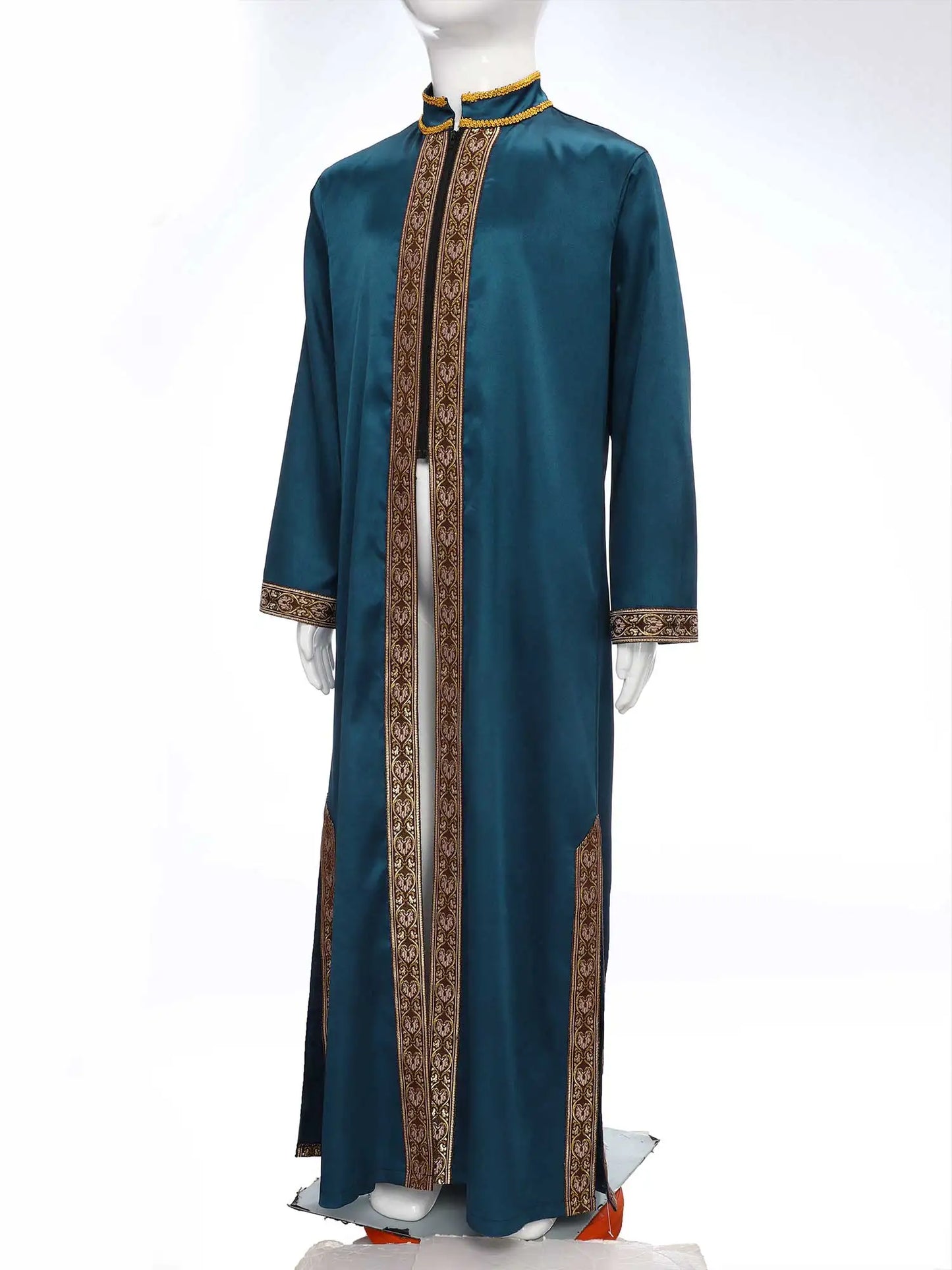 Boys Islamic Robe Kaftans Arab Gown Long Sleeves Slit Zipper Gold Embroidery Maxi Muslim Thobe Kids Festival Holiday Costume