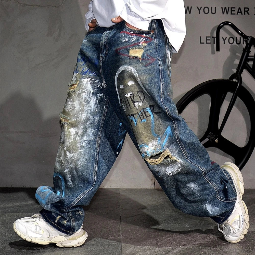 High End Men'S Clothing Hip Hop Graffiti Baggy Jeans For Men Streetwear Skateboard Ripped Jeans Korean Trendy Denim Trousers