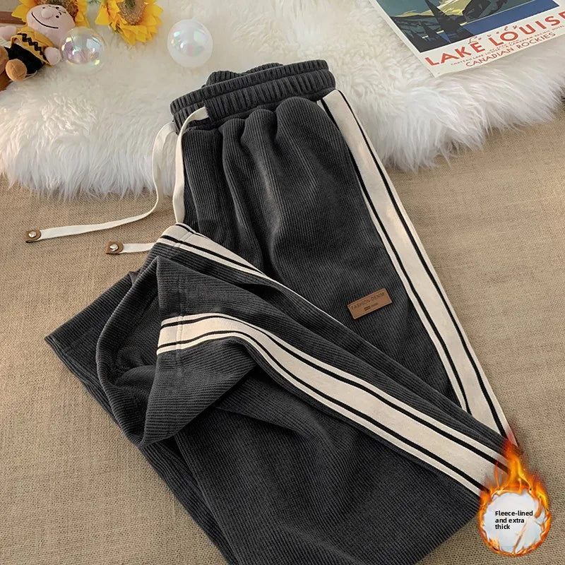 Corduroy Men's Pants Autumn Winter New Sle Hong Kong Sle Trendy Wide Leg Straight Elastic Waist Sports Casual Long Trousers