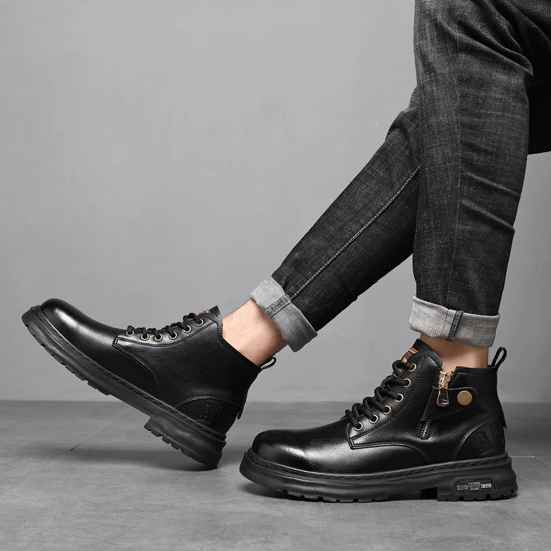 2025 New British Style Ankle Boots Men Outdoor Shoes Cargo Wear Casual High Quality Leather Boots Men's Non-slip Motorized Boots