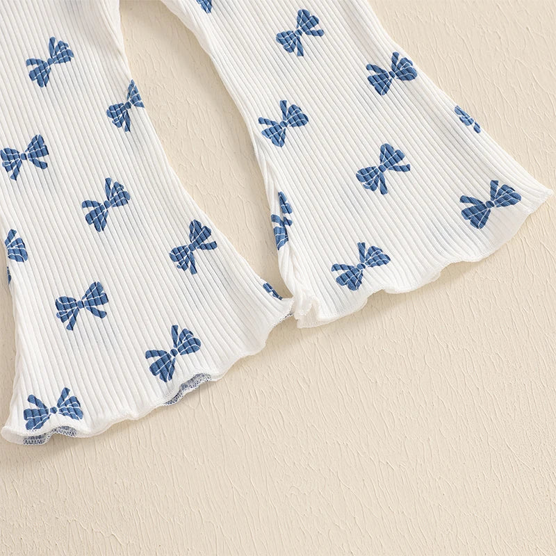 Pudcoco Kid Infant Baby Girls Pants Set, Bow Print Long Sleeve Crew Neck T-shirt with Flare Pants Fall Outfit 6M-4T