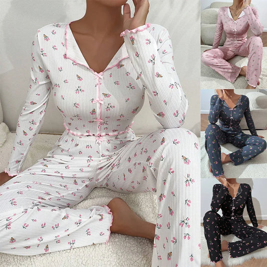 Women Sleepwear Autumn Winter Floral Print Pajamas Set Long Sleeve Top and Long Pants 2 Piece Casual Homewear Loungewear