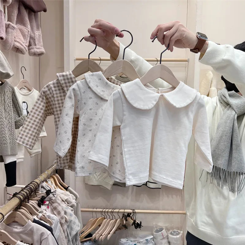 2025 Autumn New Baby Long Sleeve Cotton T Shirts Infant Plaid Floral Cute Girls Tops Kids Versatile Casual Lapel Bottoming Shirt