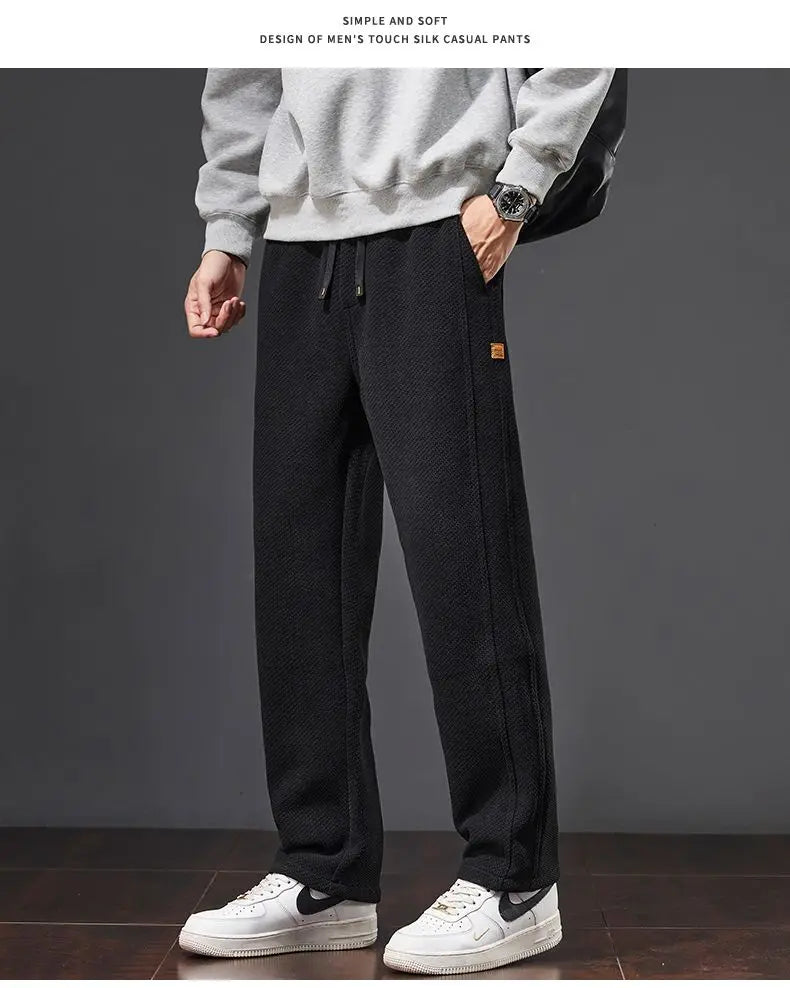 Autumn and Winter Plush Knitted Plaid Comfortable Wide Leg Straight Casual Pants Men Slacks Men's Pants Plush Slacks