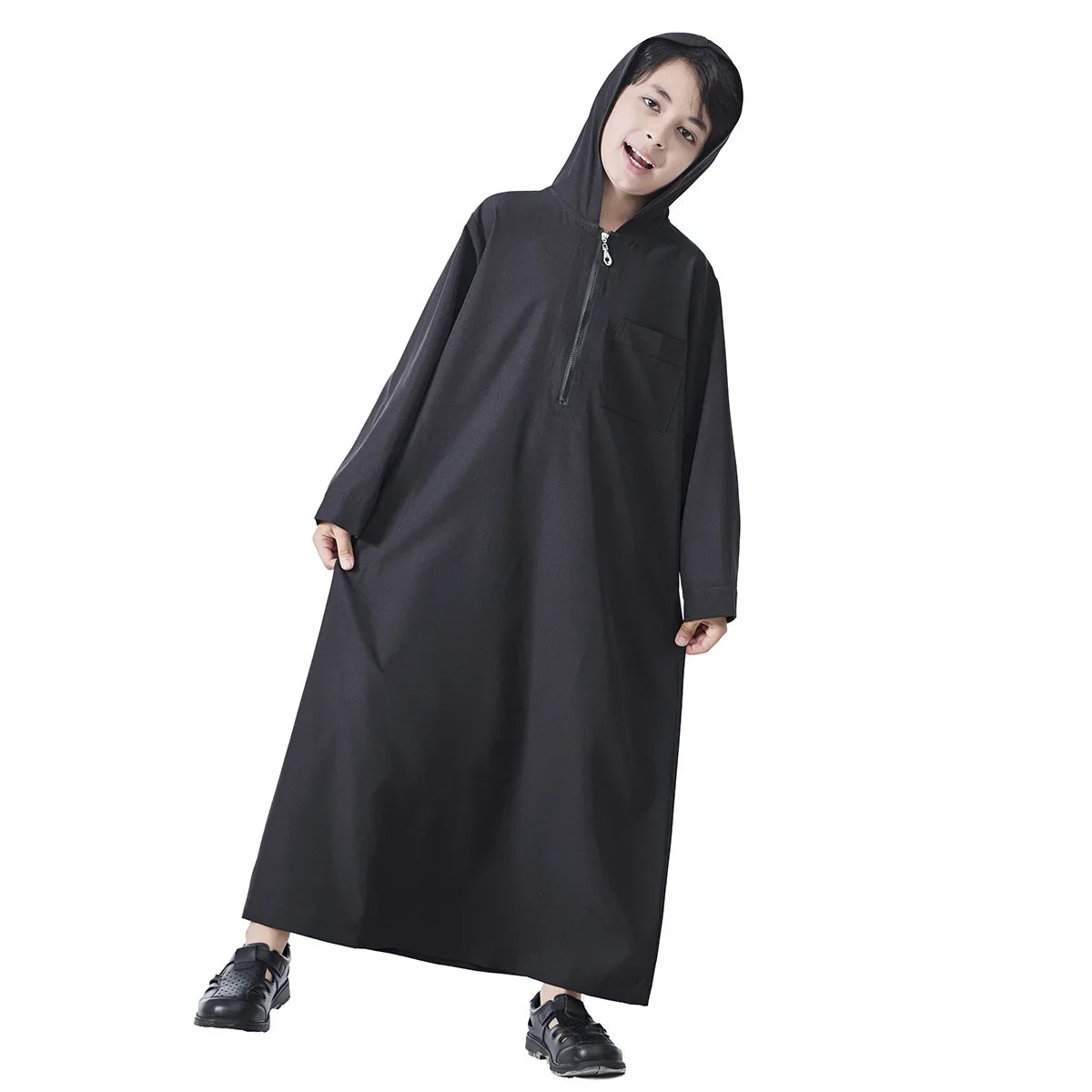 Boys Kids Islamic Muslim Hooded Juba Kaftan Robe Arabian Dubai Qatar Boy Long Sleeve Shirt Abaya Robe Dress Solid Color