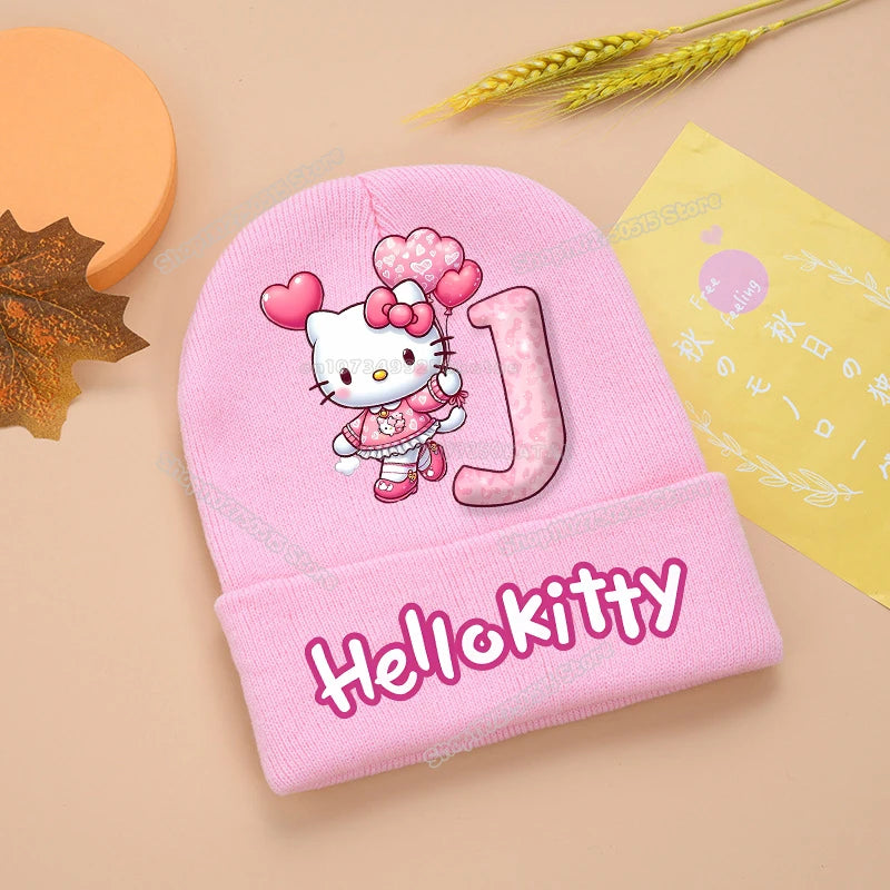 Hello Kitty Kids Knitting Hats Cute Letter A-Z Girl Winter Beanies Cartoon Print Weaved Bonnet Winter Warm Children Beanies Caps