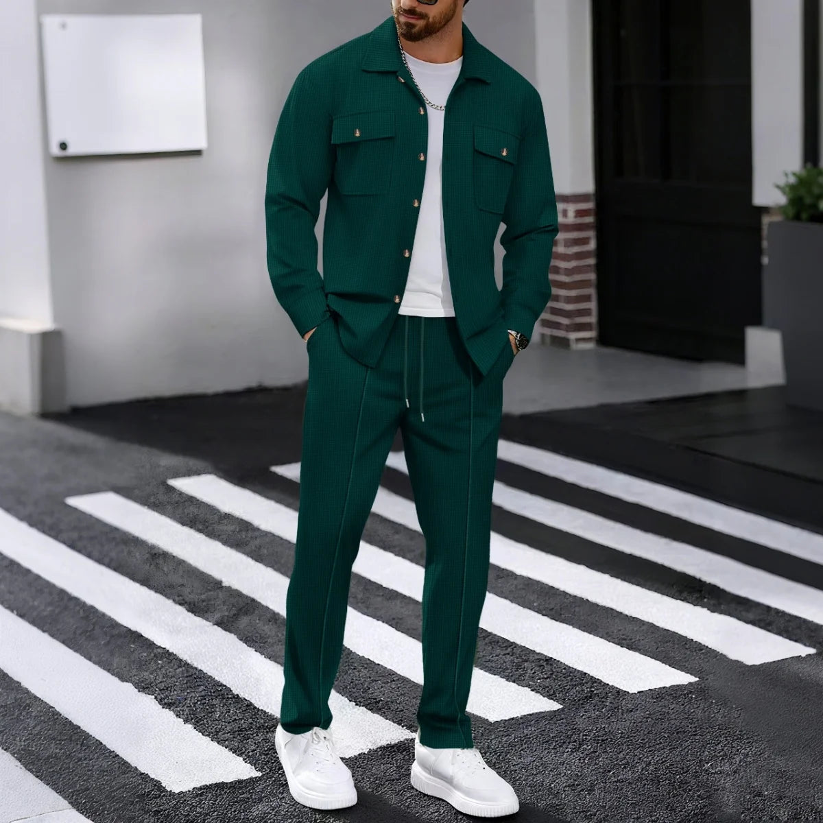 Men's Spring Autumn Casual Suit Street Style Solid Color Loose-Padded Long-Sleeved Two-Piece Set Fashionable Outerwear Suit set