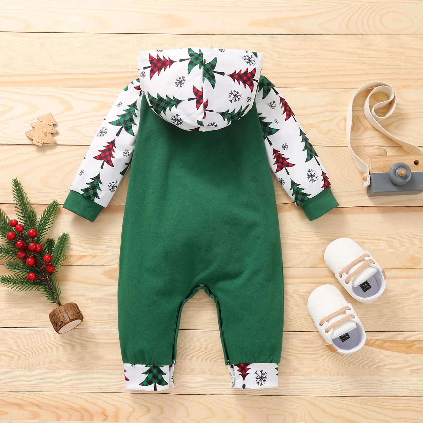 Unisex Baby Christmas Printed Romper Long Sleeve Hooded Jumpsuit with Front Pocket