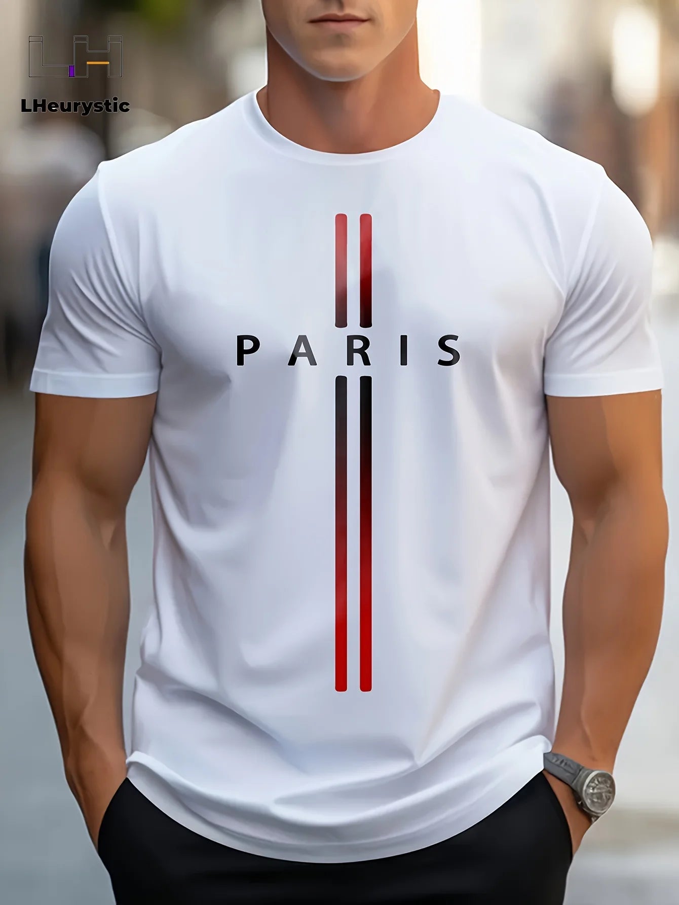 Men's summer loose size PARIS letter Graphic printed slim fit casual sports round neck short sleeved T-shirt top