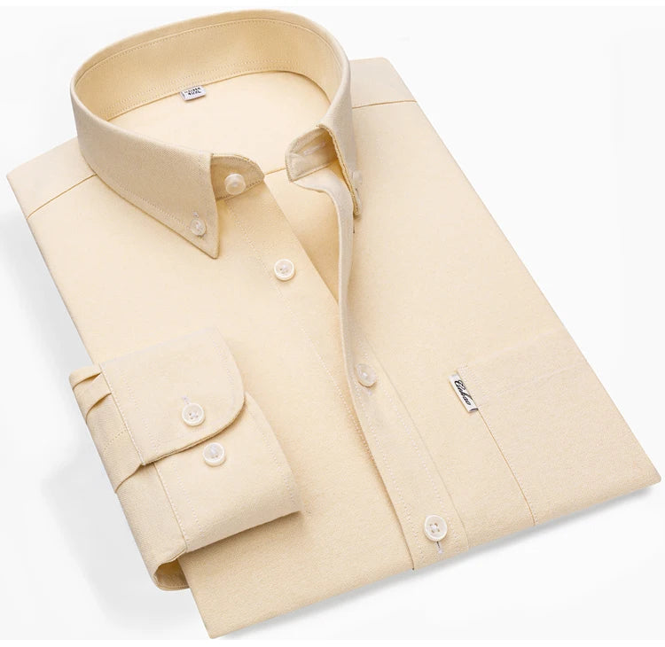 Men's Hard-wearing Comfortable 100% Cotton Long Sleeve Dress Shirt with Pocket, Spring Autumn Casual Oxford Button-Down Shirts