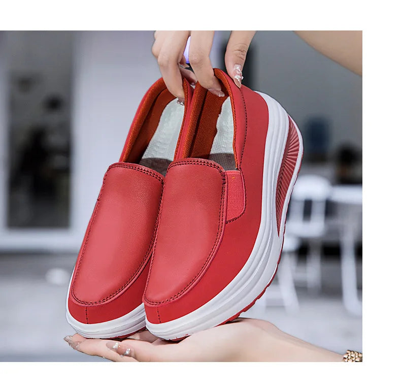 Women's Shoes Spring Genuine Leather Soft Outsole Work Shoes Female Black Swing Shoes Woman Plus Size Wedges Single Shoes