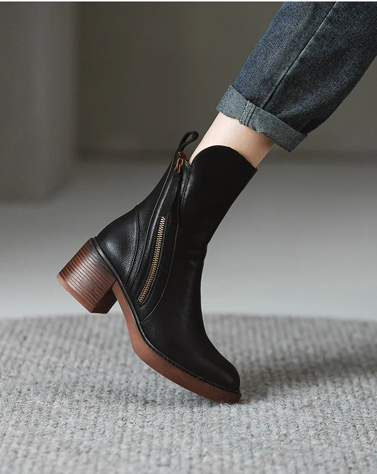 Women's Boots 2025 Spring and Autumn New Chelsea Boots Thick Heel Brown Short Leather Shoes for Women High Heels platform shoes