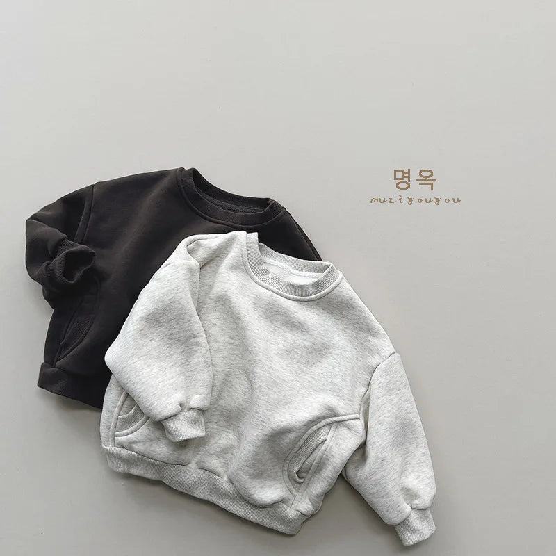 2025 Winter New Baby Long Sleeve Fleece Sweatshirt Infant Boy Girl Solid Warm Pullover Plus Velvet Thick Toddler Casual Clothes