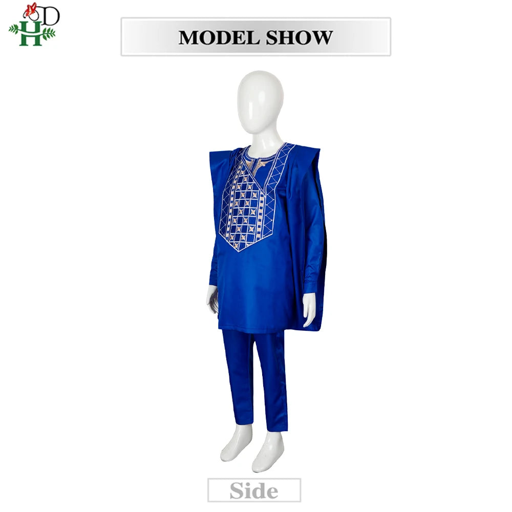 H&D 2025 African Tradition Clothes For Kids Boys White Blue Long Sleeve Tops Embroidery Dashiki Robe Shirt Pant Child Set 3 PCS