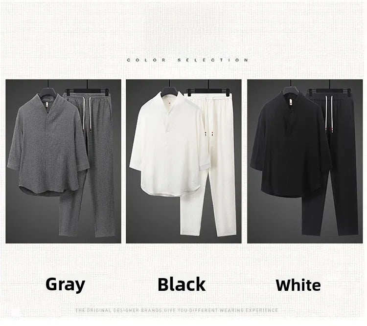 Summer Thin Ice Silk Casual Loose Sve T-irt Two-Piece Set for Young Men Comfortable Breathable Lightweight Long Pants