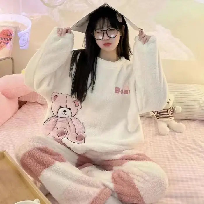 Thickened Long Sleeve Home Clothes Set with Chest Pad Winter Coral Fleece Korean Style Student Cute Large Size Home Clothes Set