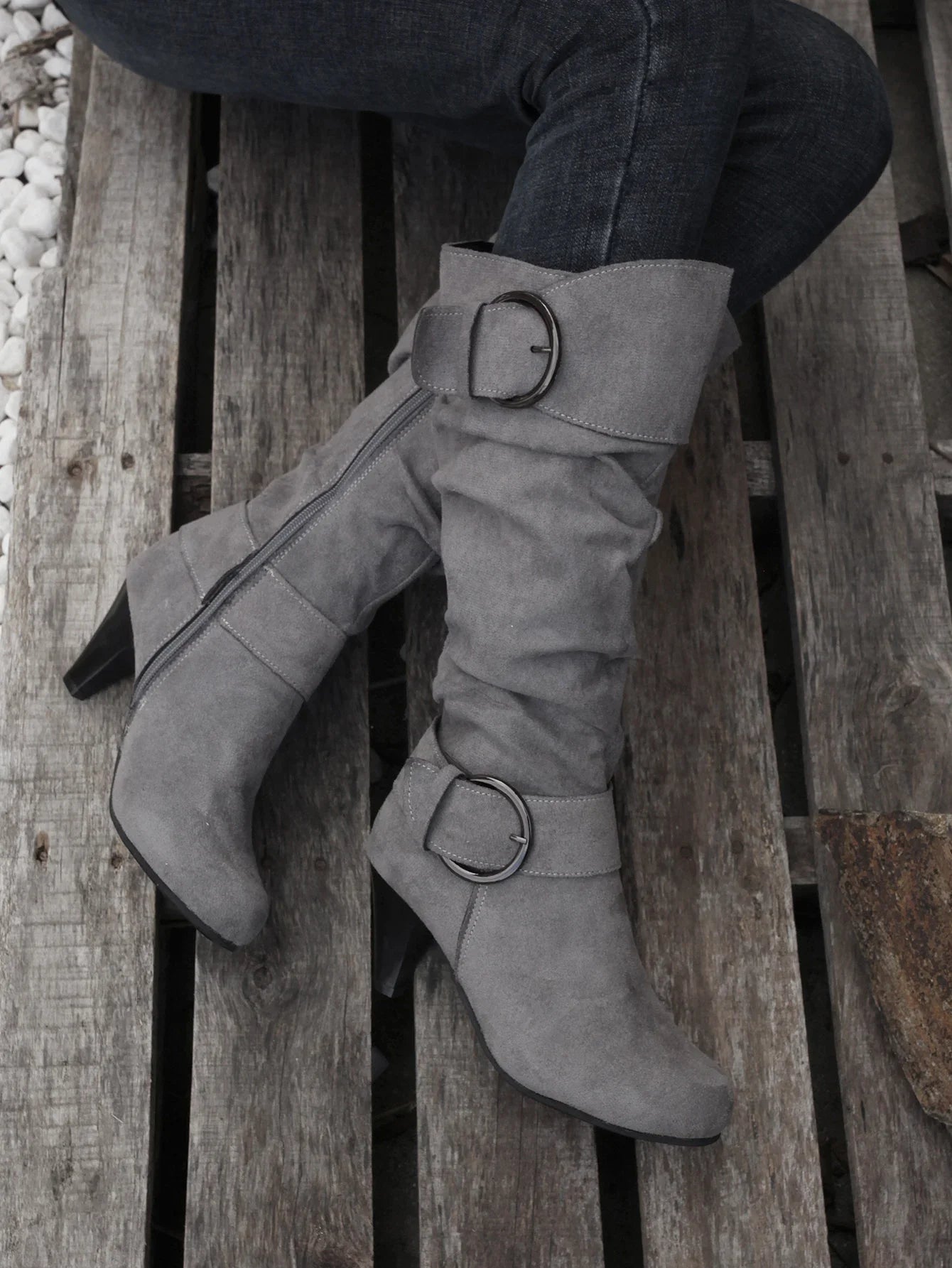 Women's Boots Side Zipper Modern Boots Fashion Pointed Toe Shoes High Heels Suede Mid-Calf Boots Solid Belt Buckle Casual Boot