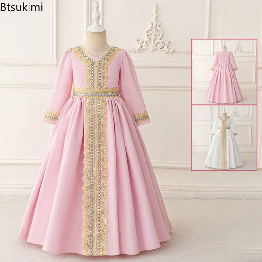 Middle Eastern Arabian Kids Robe Splice Embroidered Belt Dress Muslim Long Sleeve Abayas Dubai Islam Girls Lace Dress Party Gown