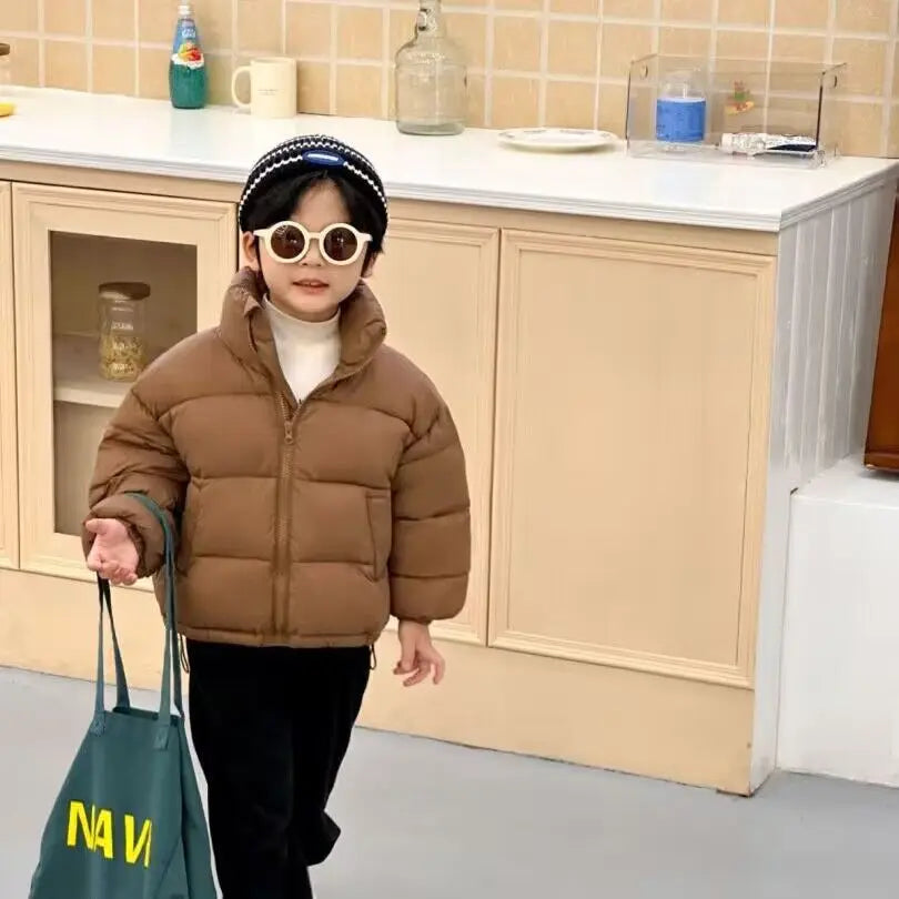 Children Boys Short Thick Parkas Standing Collar Silk Floss Bread Jacket for Boy Girl Letter Warm Solid Toddler Boys Winter Coat