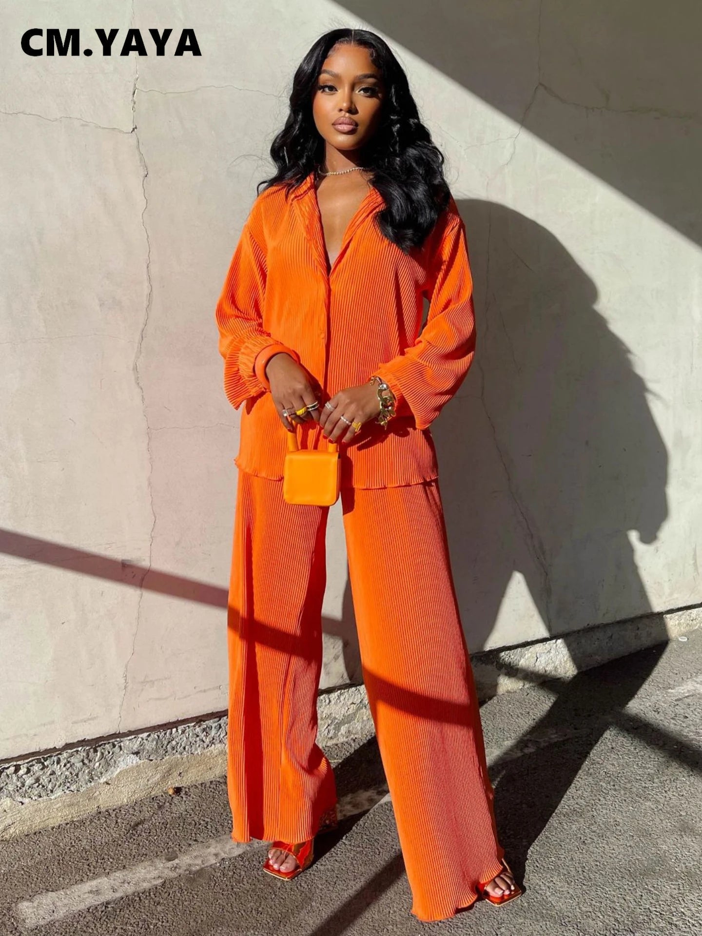 CM.YAYA Pleated Women's Set Long Sleeve Shirt Tops and Straight Wide Leg Pants Elegant Tracksuit Two 2 Piece Set Fitness Outfits