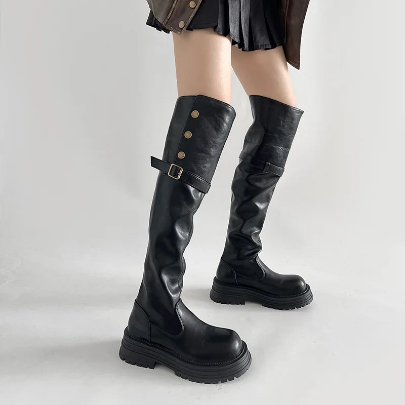 Over-the-Knee Boots2025Autumn and Winter New Retro British Style Chunky Heel Platform Boots Women's Tube Skinny Boots