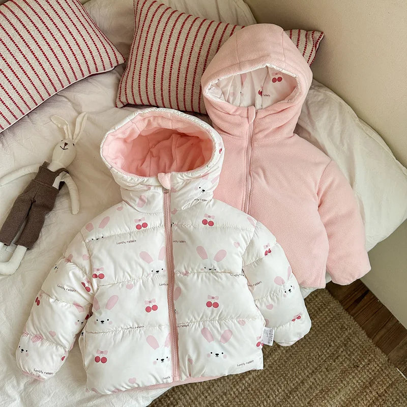 Can Be Worn On Both Sides Autumn Winter Boys Girls Jacket Cute Rabbit Ears Thicken Keep Warm Hooded Down Cotton Outwear For Kids