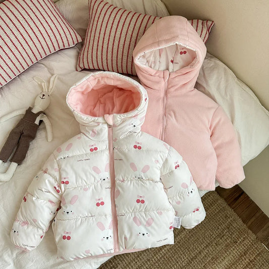 Can Be Worn On Both Sides Autumn Winter Boys Girls Jacket Cute Rabbit Ears Thicken Keep Warm Hooded Down Cotton Outwear For Kids