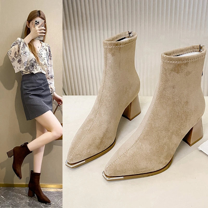 Fashion Pointed Toe Suede Single Boots 2025 New Temperament Block Heel Fashion Boots Booties Women