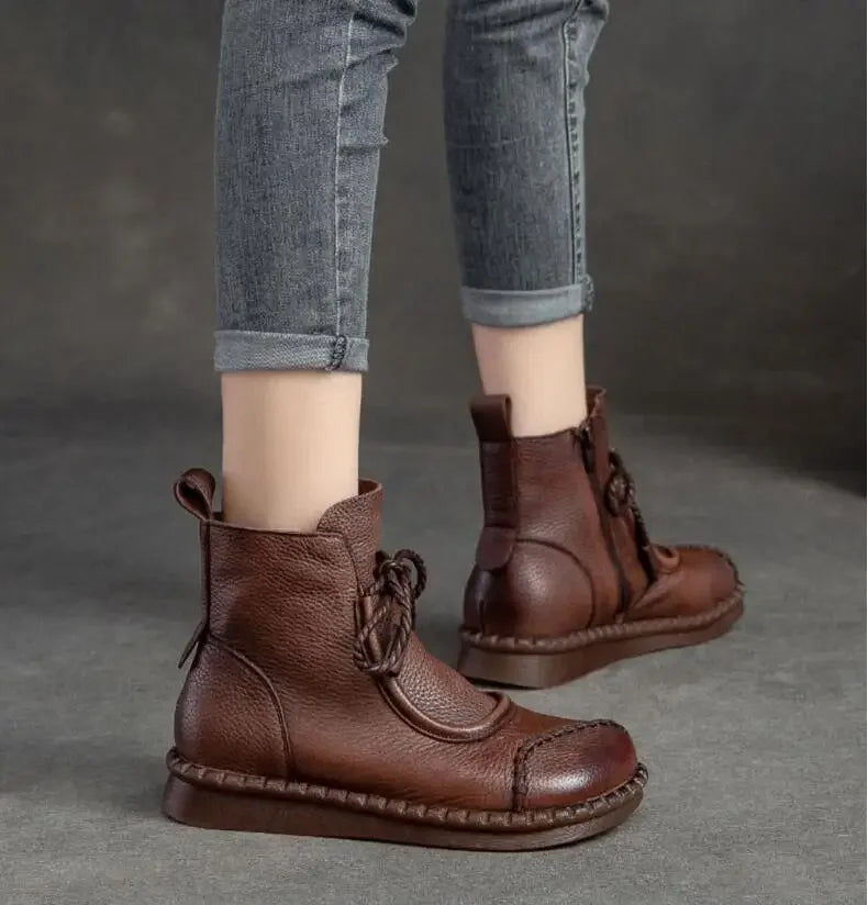 Women's Boots Spring Autumn New Retro Non-Slip Soft Bottom Flat Shoes Comfortable Soft Cowhide Ankle Boots