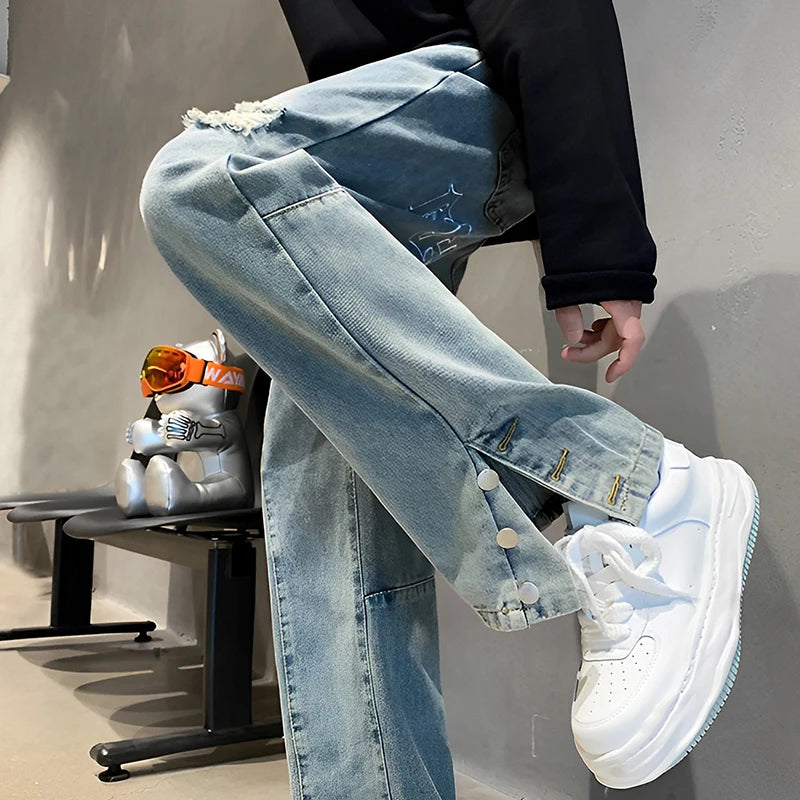 Men's Letter Embroidered Hip Hop Loose Jeans Casual New Broken Holes Streetwear Straight Denim Trousers Male Y2K Baggy Jeans