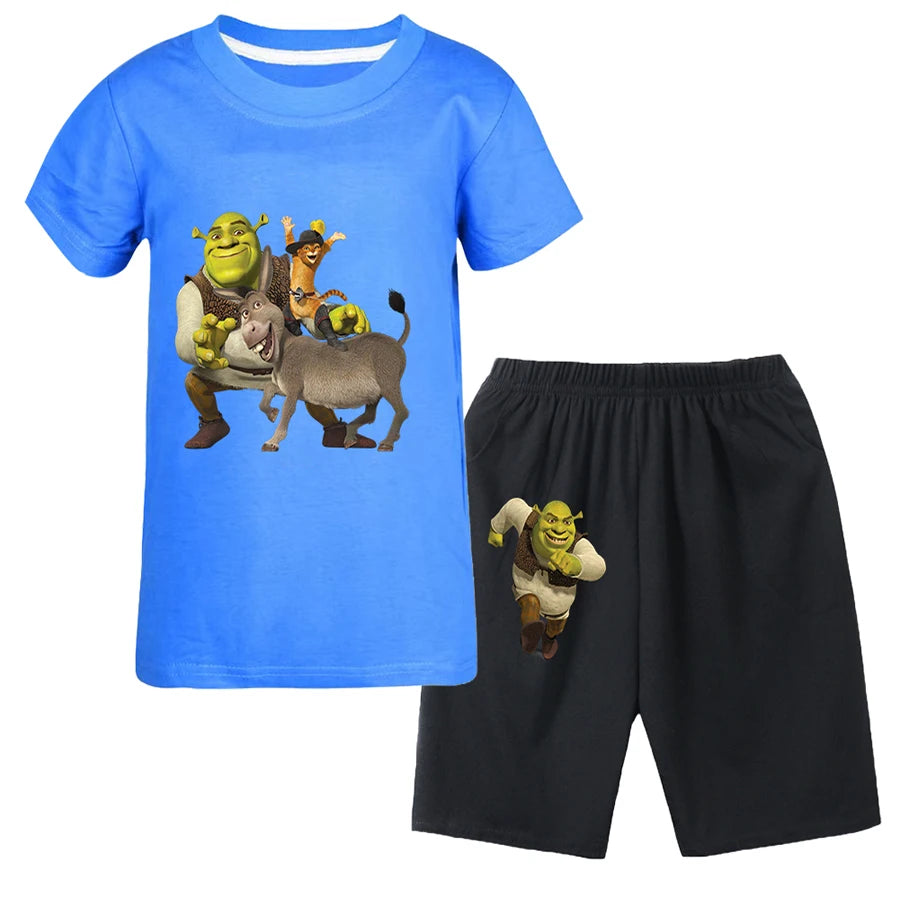 Shrek Child Tracksuit Blouse Short Sleeve Family Matching Clothes Sets for Baby Set for Children From 6 To 12 Years Old Summer