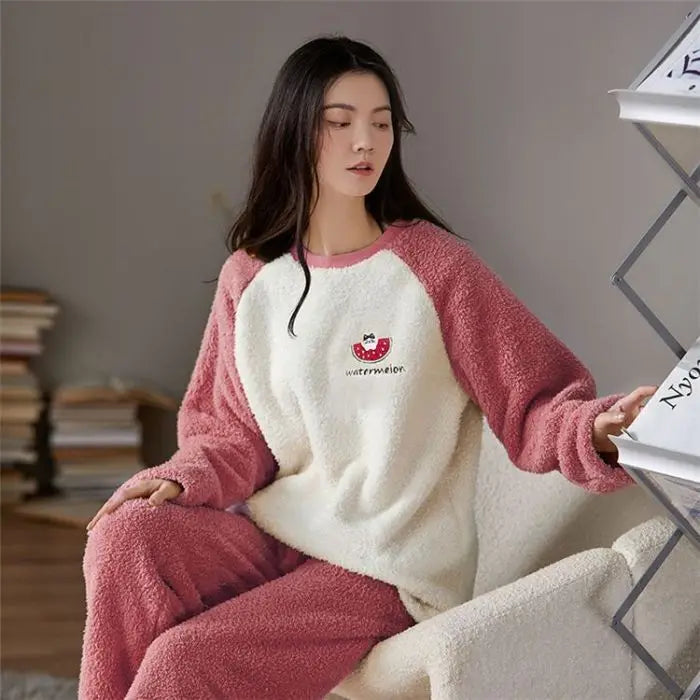 Thickened Long Sleeve Home Clothes Set with Chest Pad Winter Coral Fleece Korean Style Student Cute Large Size Home Clothes Set