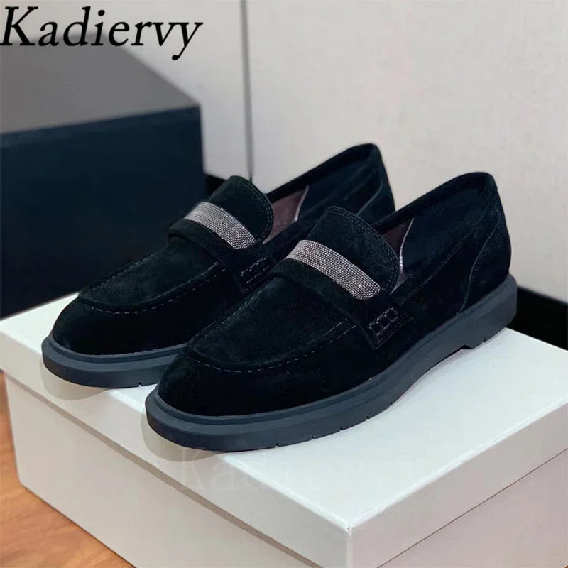 Classics Flat Shoes Women Luxury Cow Suede Chain String Bead Round Toe Slip-on Walk Shoes Female Casual Comfort Loafers Woman