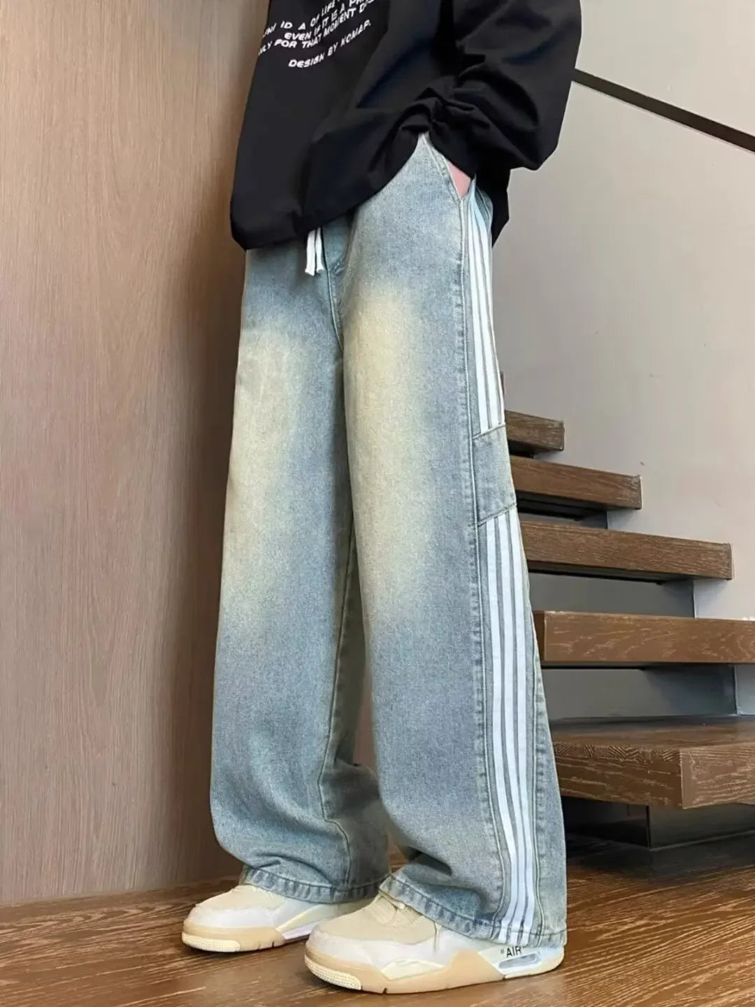 American Style Retro Men's Straight Leg Jeans Spring Autumn Trendy High Street Loose Wide Leg Long Pants Water Washed