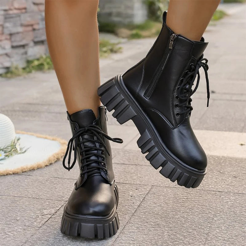 Round Toe Platform Ankle Boots Women Simple Black Pu Leather Boots Woman Autumn Winter Thick Sole Plus Size Office Lady Botas