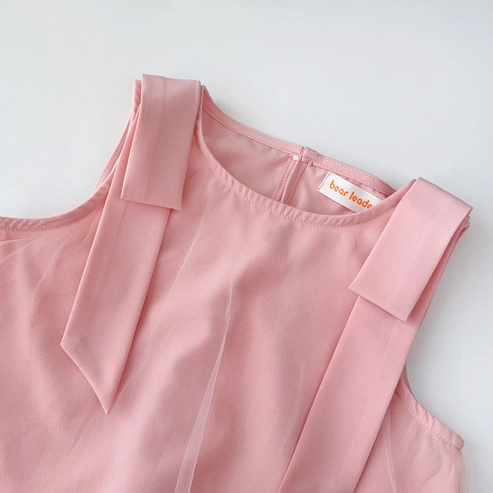 Pink Dreamy Sweet Girl Fairy Princess Dress Sleeveless Bow Decoration Mesh Lace Children's Casual Clothes Birthday Party Summer