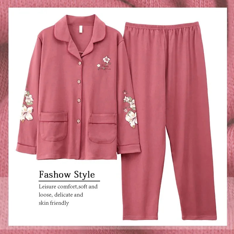 Ladies 100% Pure Cotton Long Sleeve Spring Autumn Lightweight Full Cotton Set Cardigan Sleepwear for Middle-Aged Mothers