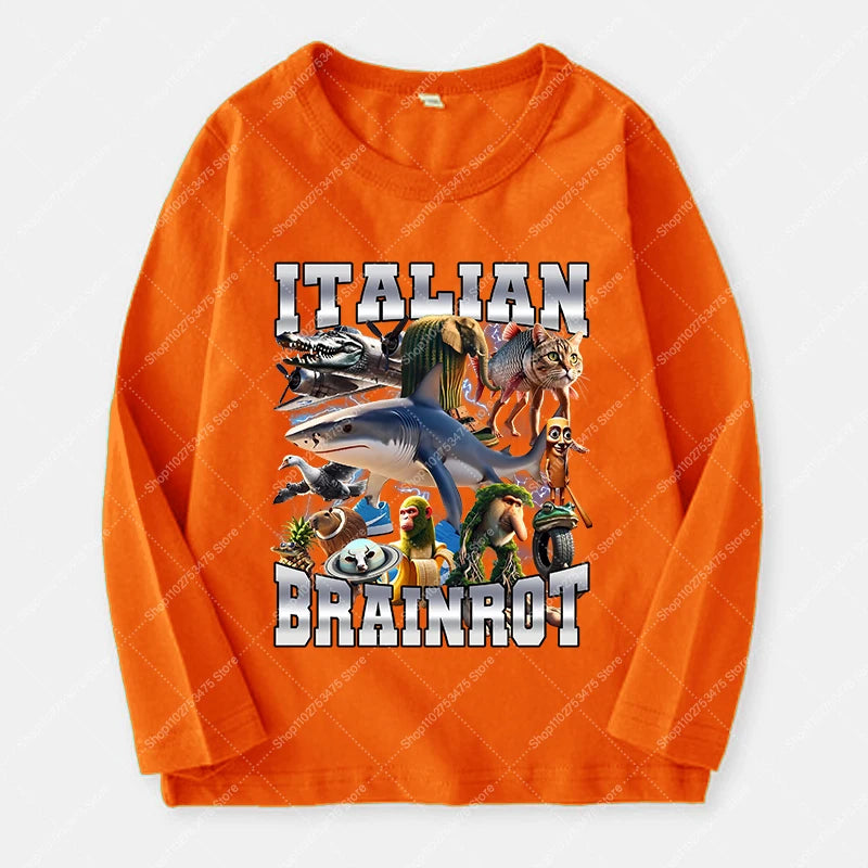 Italian Brainrot Long Sleeve T-shirt for Kids Funny Meme Children Autumn Tops Tung Tung Tung Sahur Tee Boy Girl Clothing Gifts