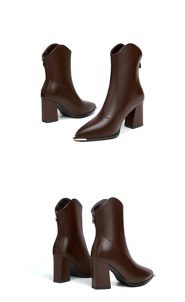 Women Leather Boots Luxury Pointed Brand Toe Chelsea Ankle Boots Trendy High Heels Zipper Goth Pumps Shoes French Women's Boots