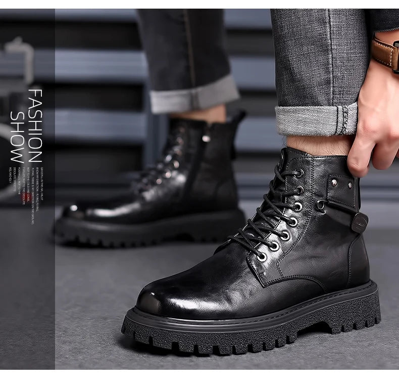 Men's High-Top Boots: British Style Thickened Sole Genuine Leather Indestructible Work Boots, Couple Big Yellow Boots for Men an